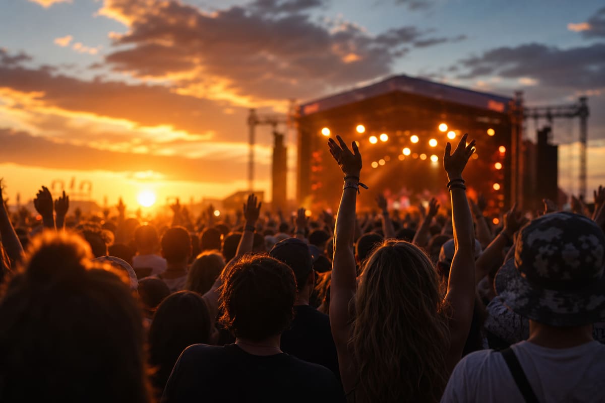 Festival crowd cheering toward a stage at sunset