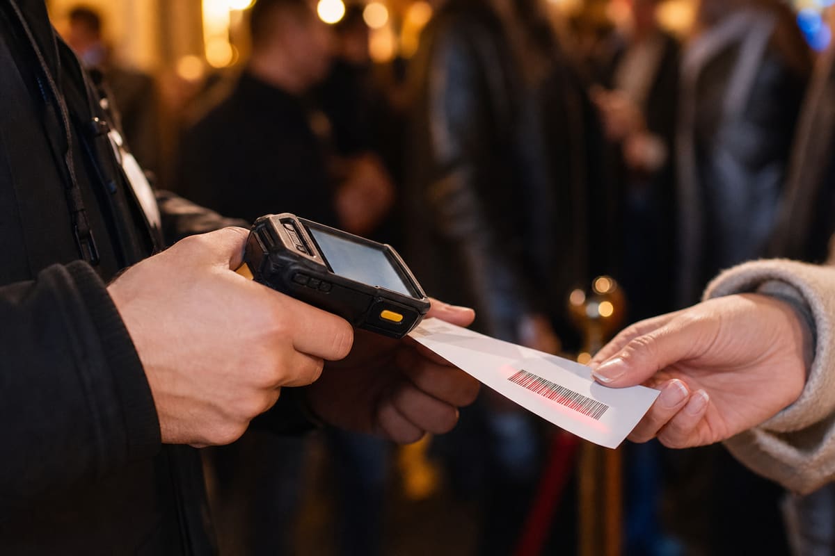 Event staff scanning a ticket barcode with a handheld reader at the entrance